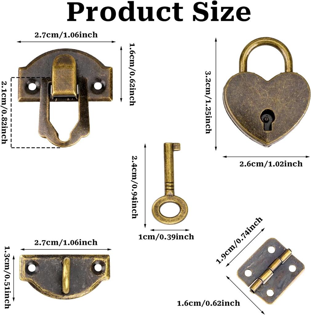 2 Set Antique Bronze Hasp Latch 27 X 30 mm Hasp Latch Mini Box Hinges and Love Locks with Keys Decorative Lock Buckle with Screws for Jewelry Woo