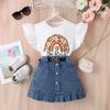 Комплект одежды для девочек, летний детский повседневный однотонный топ без рукавов, комплект из джинсовой плиссированной юбки, пояс