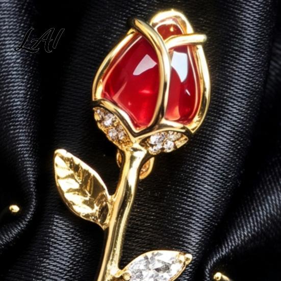 Men Metal Brooch Red Rose Bud Pin Retro Rhinestone Floral Lapel Pin Women Jewelry Accessories for Suit Dress Coat Scarf Daily Wear