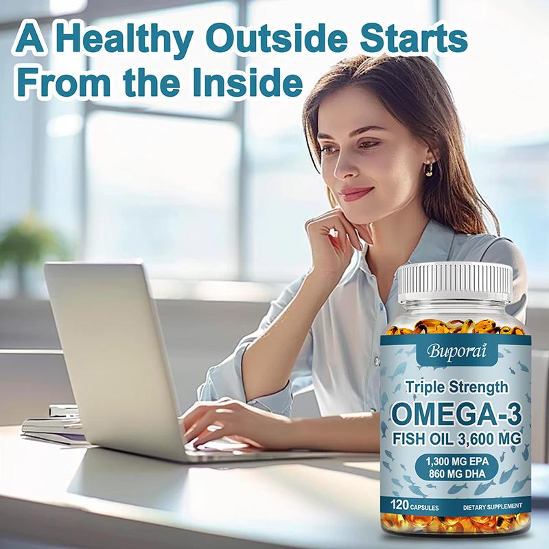 Buporai - Omega-3 Fish Oil Softgels - 3,600 mg Fish Oil - 1,300 mg EPA and 860 mg DHA - Heart and Brain Health