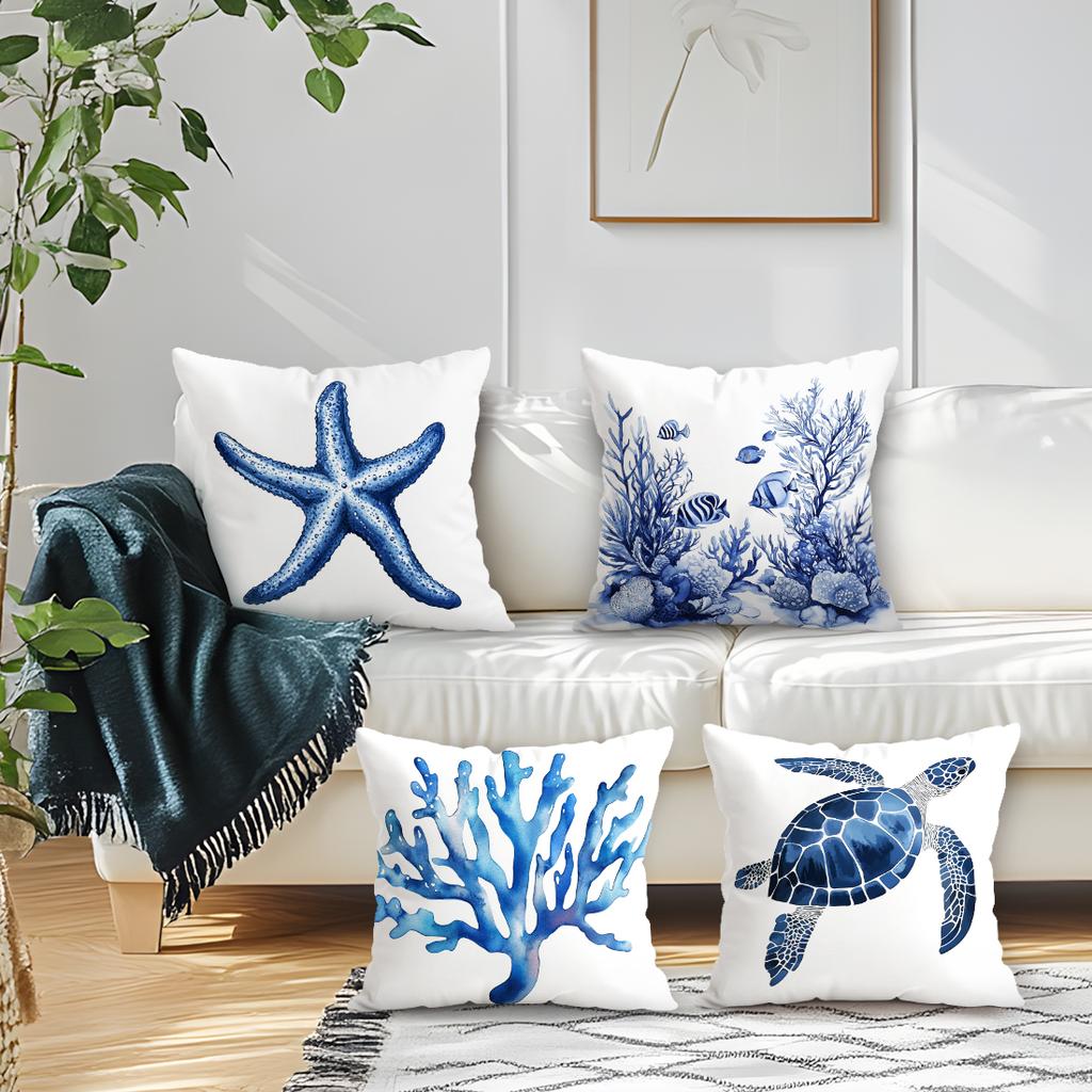 4 Pcs Blue Marine Organisms Single-Sided Printed Pillowcase Cushion Cover,Suitable For Living Room,Bedroom,Car Decoration