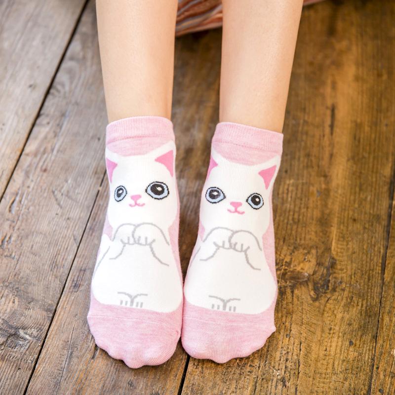 Носки с рисунком Kawaii, носки-лодочки с милым котом, забавные женские короткие носки, хлопковые носки с надписью Happy