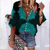 2023 Summer Autumn New Fashion Women's Tops Purple Line Lotus Printed Half Sleeve Casual Plus Size Button-down Shirt with Bubble Sleeves