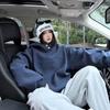 Oversized Hooded Sweatshirt Women Men Thick Fleece-Lined Cotton Blend Navy Blue Loose Fit Winter Casual Top