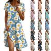Short Sleeve Boho Dress For Women Casual Loose Fit Summer Sundress Floral Print Dress With Pockets