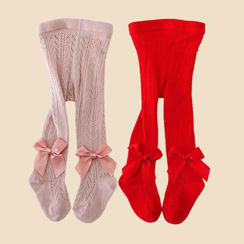 Детские колготки для новорожденных девочек, бесшовные леггинсы с ажурной вязкой и бантом, хлопковые колготки для малышек 0-4Т