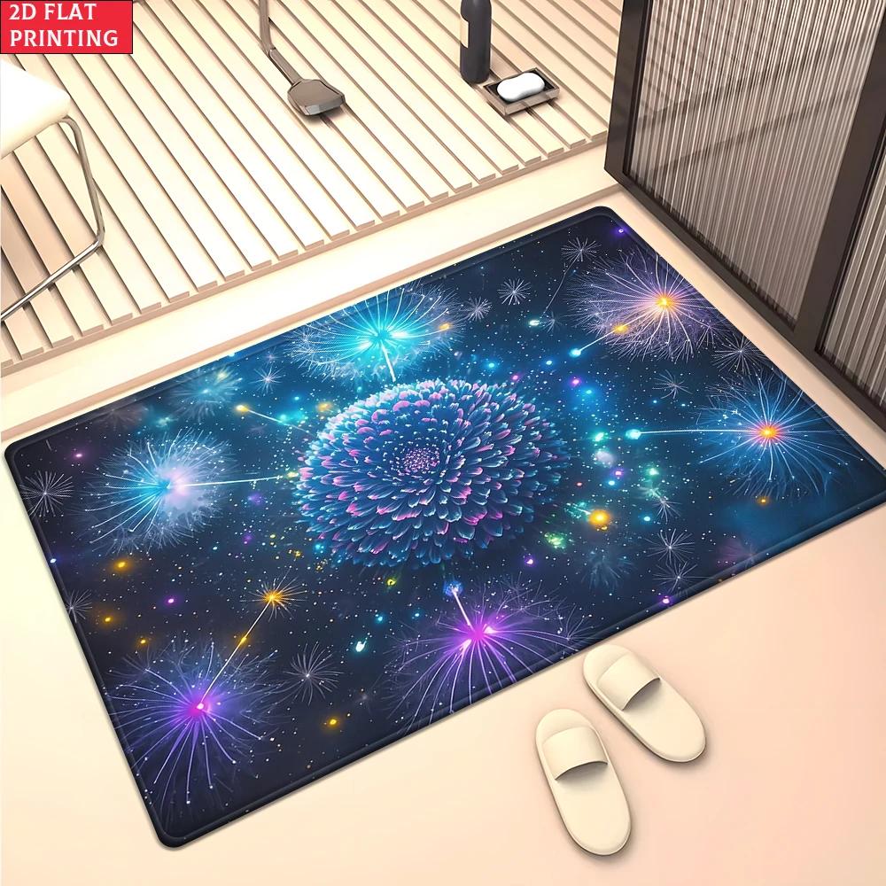 Galaxy Floral Area Rug, Psychedelic Space Flower Carpet for Living Room, Non-slip Starry Sky Floor Mat for Bedroom Home Decor