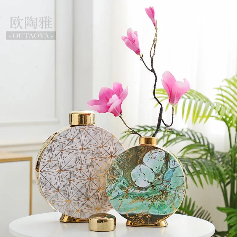 Керамическая ваза с мраморным узором, классическая банка для хранения с крышкой, цветочный горшок, цветочное украшение для стола, золотые вазы, винтажный домашний декор