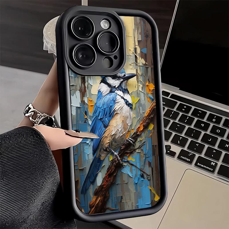 Чехол для телефона iPhone 17 Air 16E 15 16 Pro Max Стиль масляной живописи Птица Чехол 14 Plus 13 12 Mini Мягкий силиконовый чехол Fundas