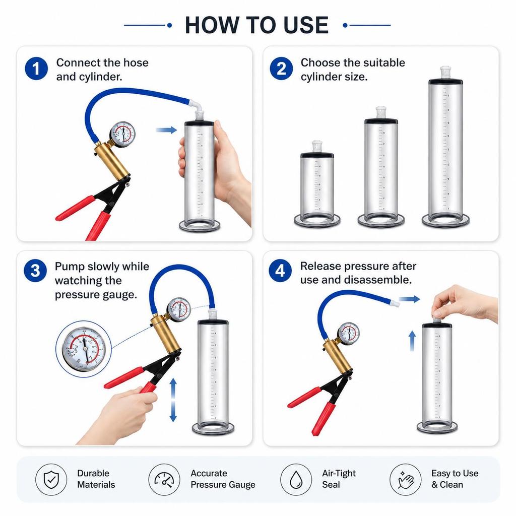 Male Vacuum Pump Sex Toy with Clear Measuring Cylinder Blue Hose Red Handle Gauge and Man Masturbation Training Device