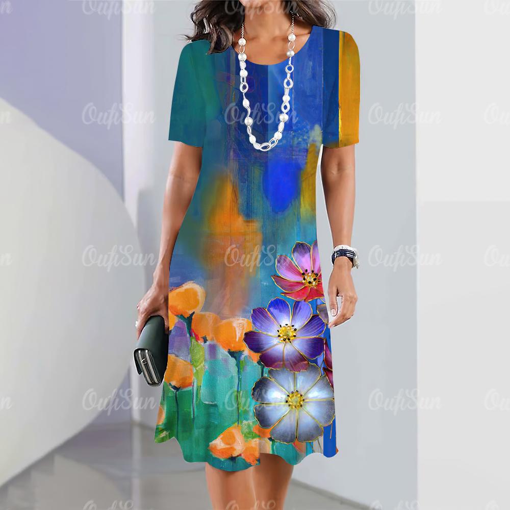 Женские платья 2024 Летние женские платья Винтажные принты Платья для путешествий Элегантная повседневная свободная блузка с коротким рукавом Y2k