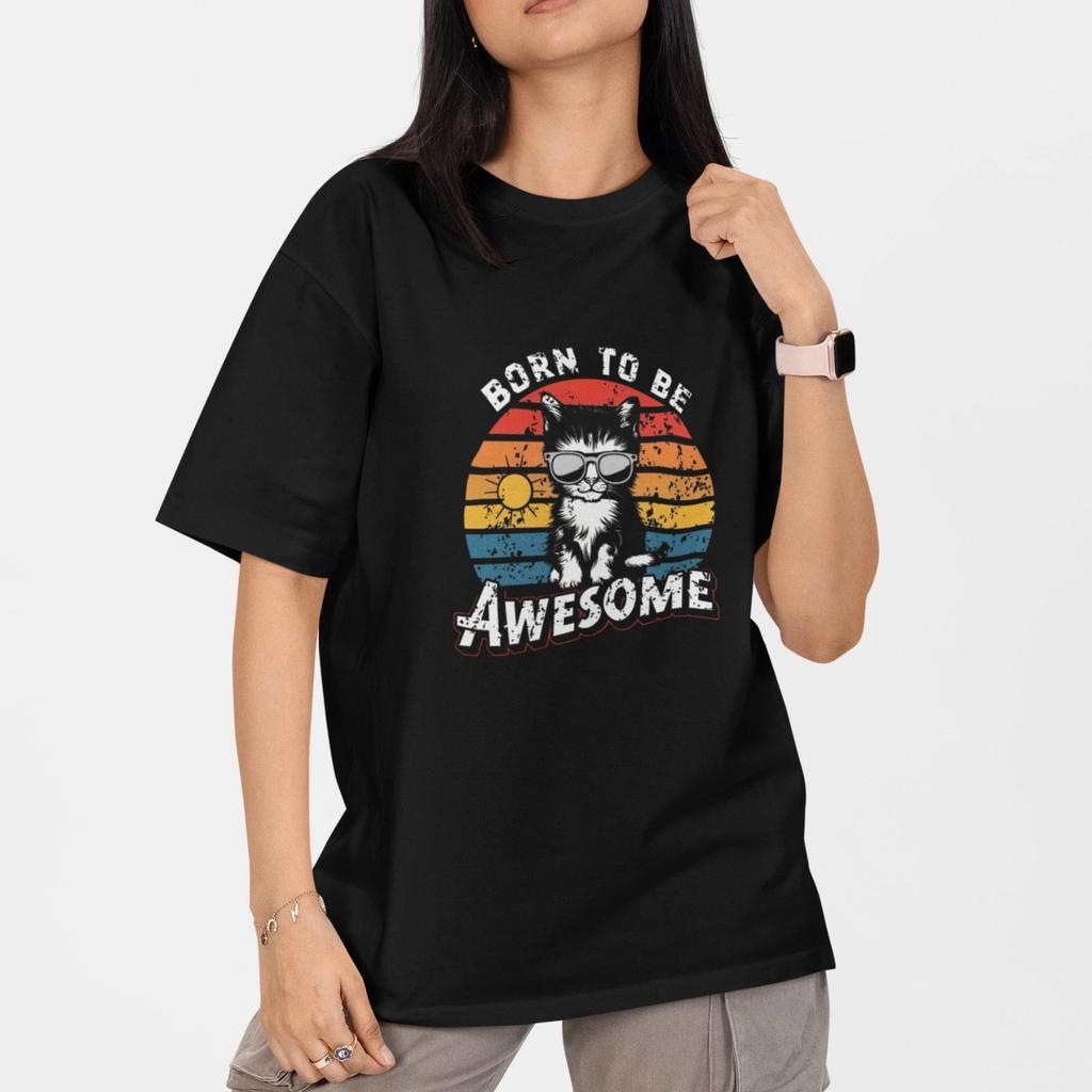 Funny Cat T Shirt Born To Be Awesome Cute Kitten Vintage Sunset Tee Gift S-5XL