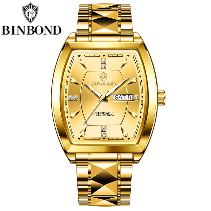 BINBOND Tonneau Dial Кварцевые Часы Для Мужчин Роскошные Алмазные Элегантные Нержавеющая Сталь Водонепроницаемые Светящиеся ТОП Бренд Мужские Наручные Часы