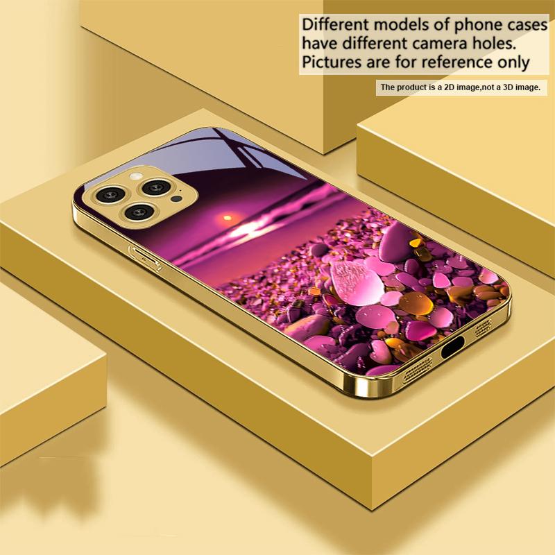 Красочный каменный берег моря Для iPhone 16 16Pro Max 15 P ro 14 13 Plus 12 Mini 11Pro Max XS Max XR Золотой чехол для телефона из закаленного стекла
