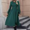 Women Autumn Winter Soild Elegant V-neck Lace Mid-Length High Waist Dress