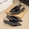Мода 2025 Новые летние французские черные туфли-лодочки с острым носком и бантом на среднем каблуке, сандалии без задника для женщин, элегантные туфли на тонком каблуке с открытой пяткой