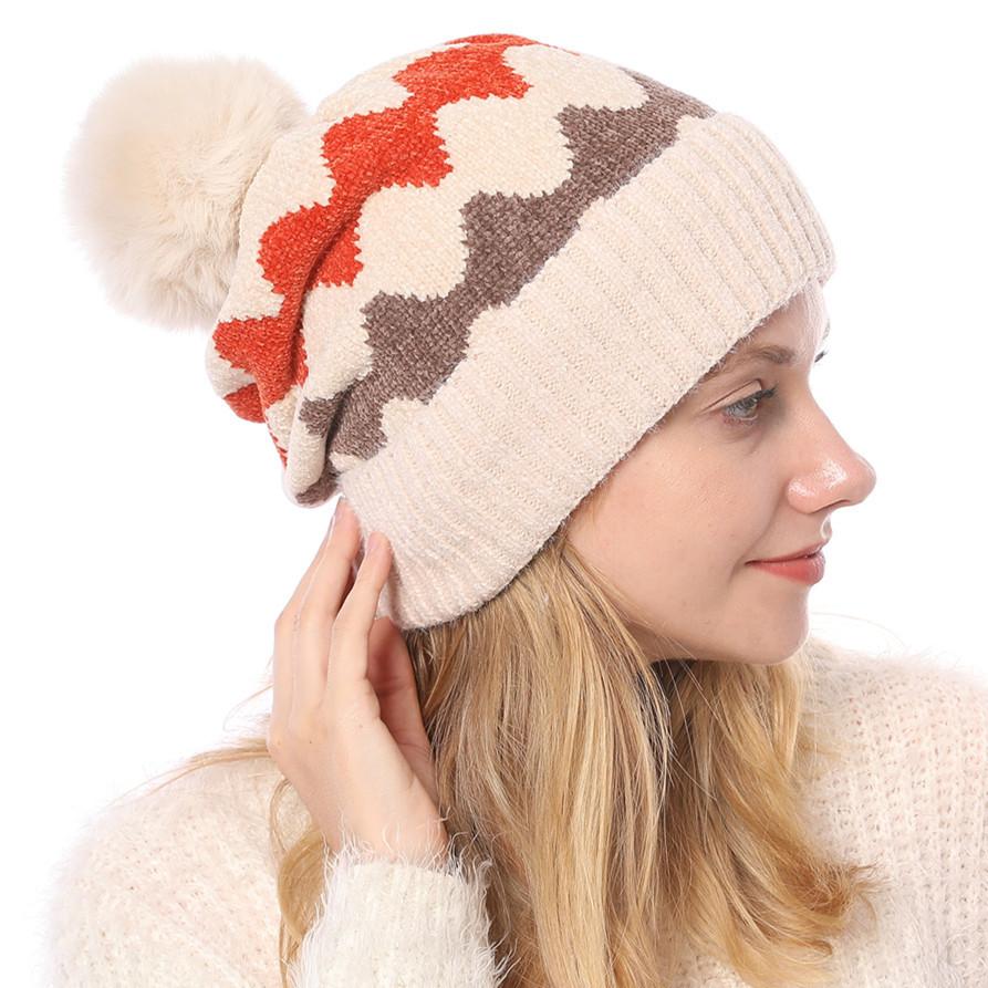 Осень и Зима Новая Бархатная Утепленная Теплая Вязаная Шапка Шениль Мягкая Волнистая Шерстяной Помпон Шапка-Бини