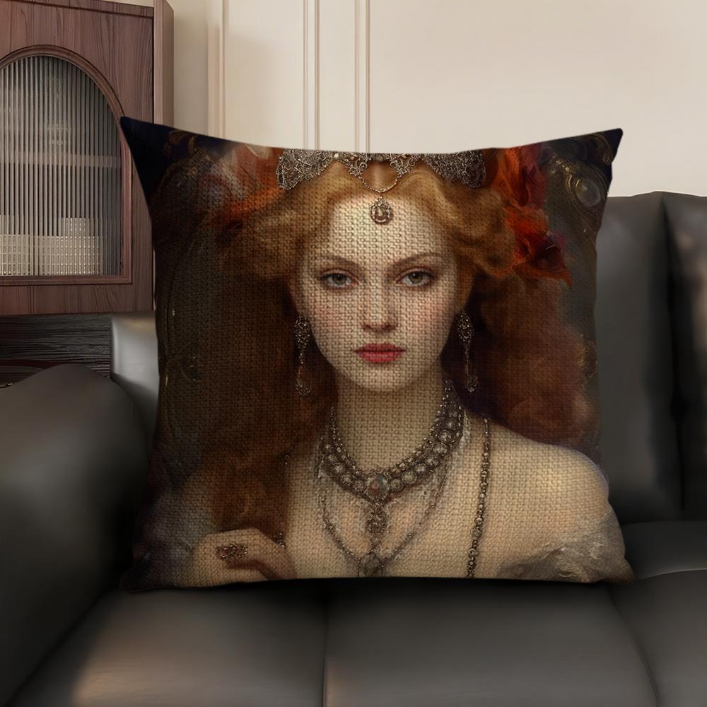 Medieval European Lady Cushion Cover Natural Linen Organic Fabric DoubleSided Printing Sofa Home Decor Gift Pillow Case