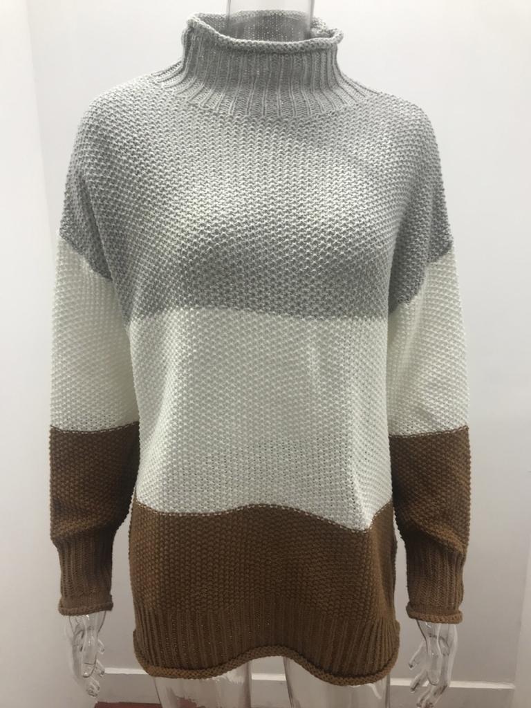 Мягкие элегантные базовые трикотажные топы, пуловеры, модные осенне-зимние трикотажные женские толстые линии с цветными блоками, с высоким воротом, повседневные, с длинными рукавами, пуловеры