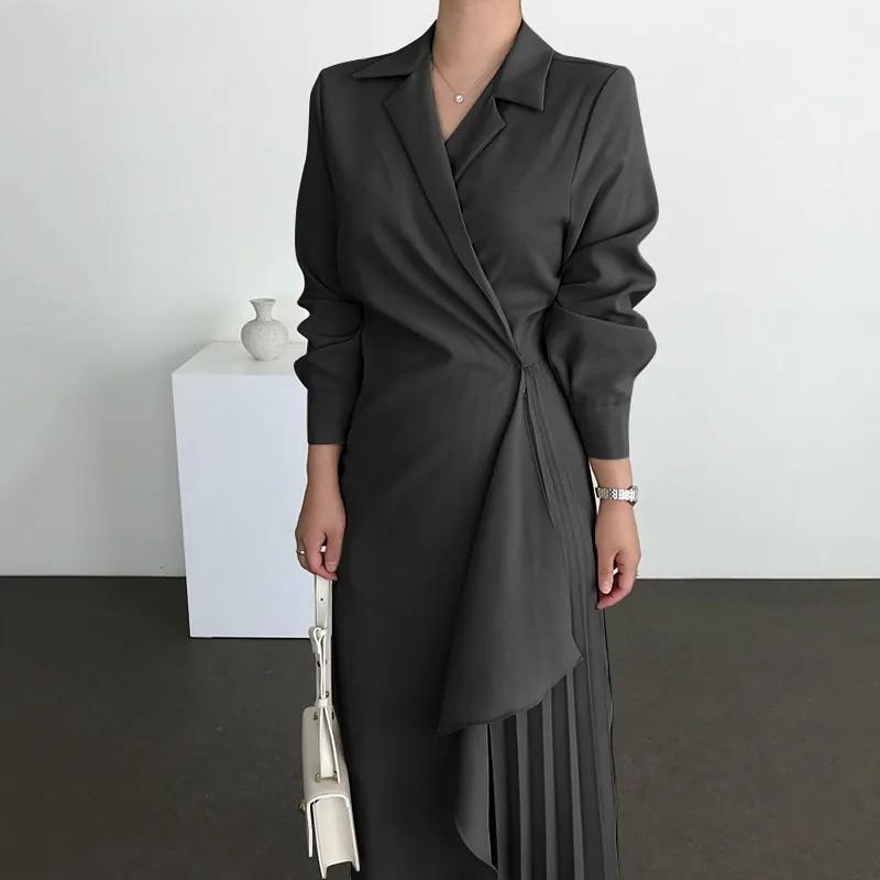 Dresses For Women 2024 Pleated Formal Elegant Shirt Long Dress Office Lady Muslim Vintage Solid Color Suit Evening Vestido