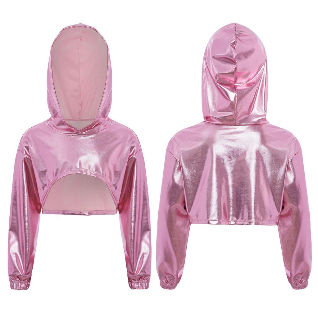 Худи для девочек в уличном стиле для танцев: Блестящий металлический укороченный топ с асимметричным подолом и длинными рукавами для соревнований