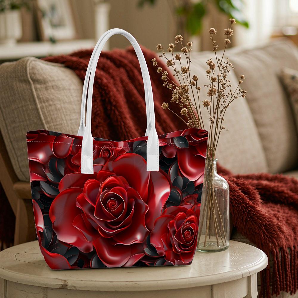 Elegant Red Rose Print Shoulder Bag Fashion Daily Carry Tote Stylish Casual Outdoor Handbag