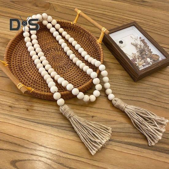 Wood Bead Garland Farmhouse Wall Hanging Decoration DIY Rustic Tassel Boho Bead String Ornament for Plant Pots Candle Holders