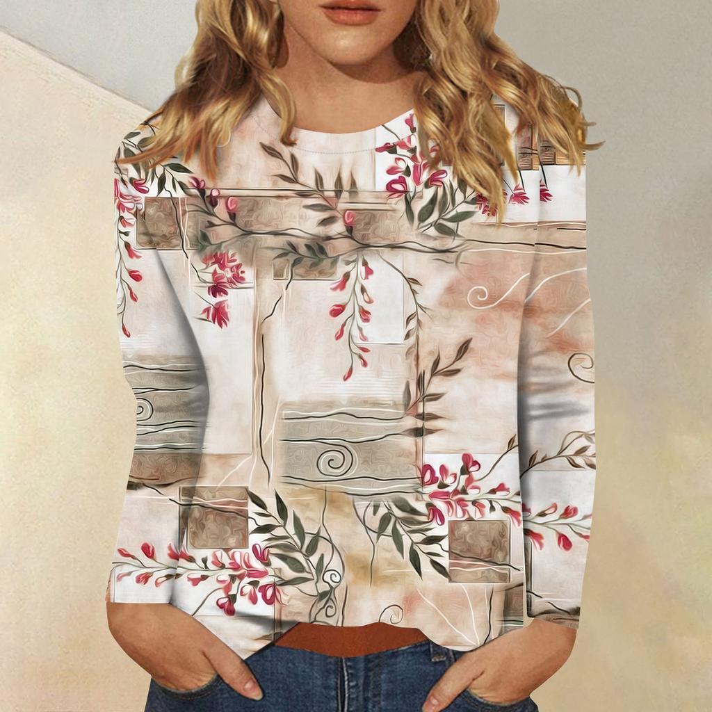 Женская модная повседневная футболка с круглым вырезом и длинным рукавом с принтом, топ