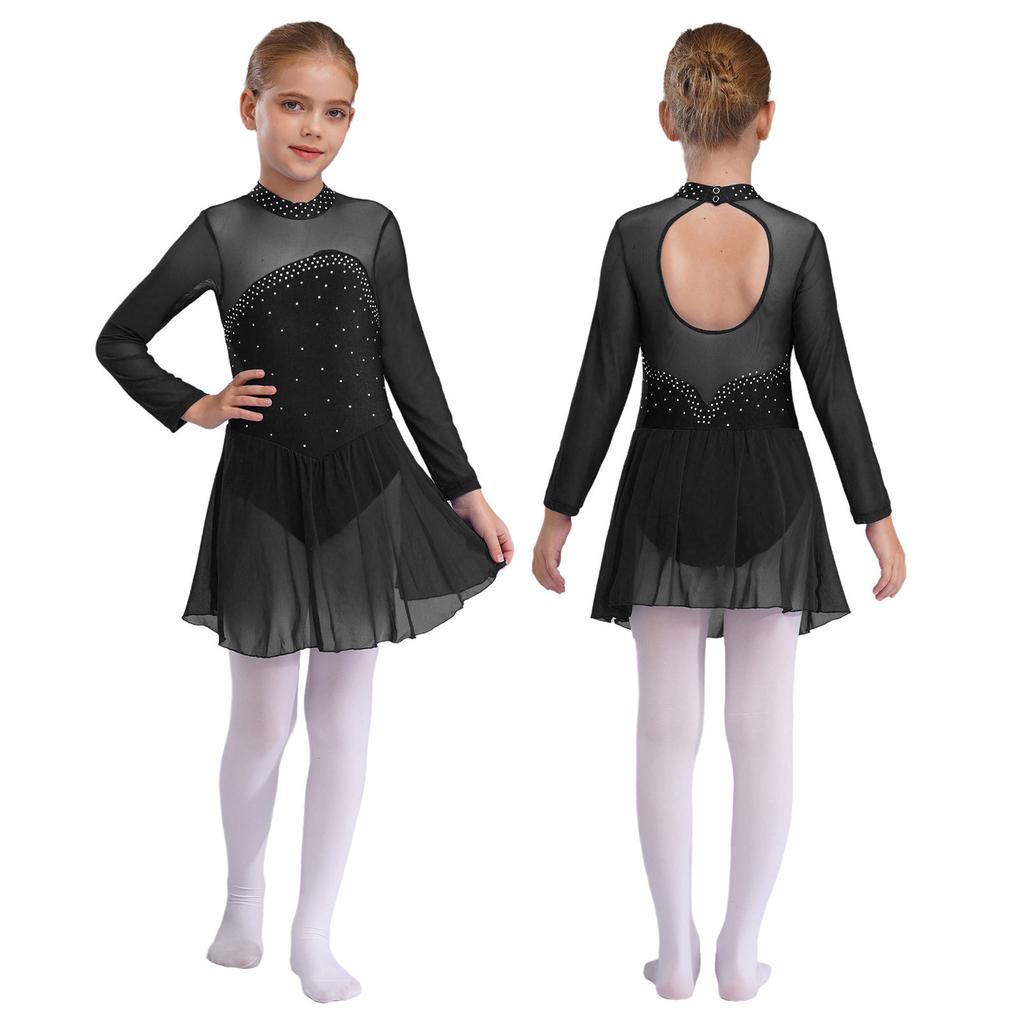 Shiny Rhinestones Dance Leotard for Girls Sheer Mesh Long Sleeves with Keyhole Back Figure Skating Ballet Dress