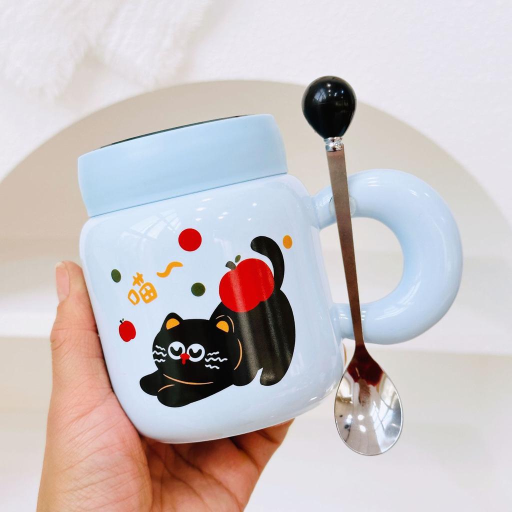 Новый День рождения Непослушный кот Водяная чашка Мультяшная керамическая кружка с крышкой ложкой Мультяшная чашка для питья Подарочный набор Подарочная коробка