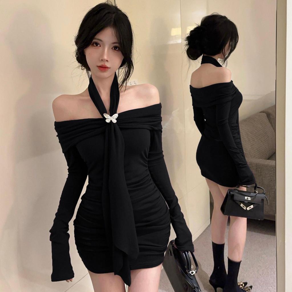 Женское осеннее фиолетовое платье на одно плечо с халтер-воротом, длинными рукавами, тонкой талией и приталенной юбкой