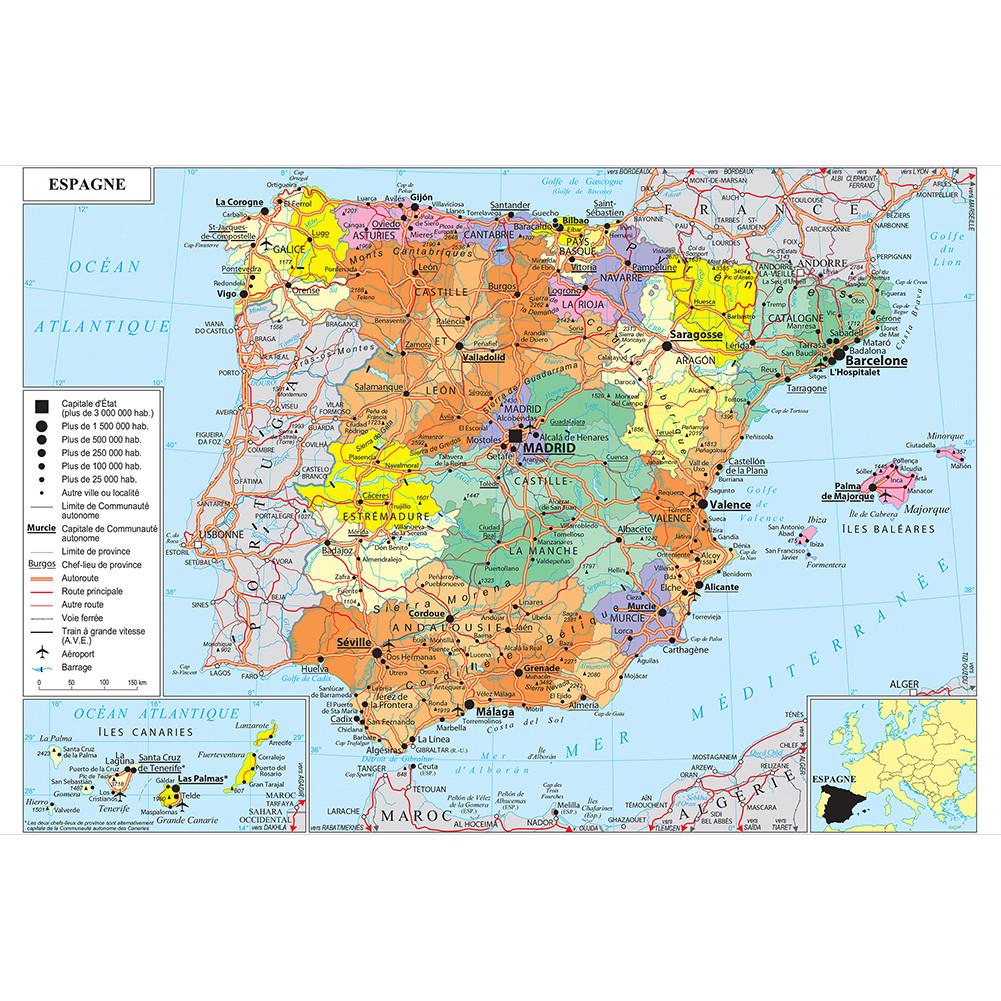 French Map-Spain Administrative Map-Frameless Educational Wall Art Decor,Gift for Language Learners&Geography Enthusiasts