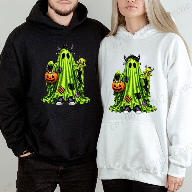 Funny Halloween Green Monster Ghost Graphic Hoodies Pumpkin Spooky Funny Halloween Sweatshirts Halloween Party Tops Gifts