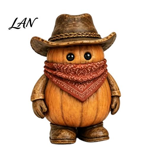 Cute Plastic Figurines 3PCS Western Cowboy Pumpkin Figurine, Retro Man Statues with Hat, Creative Desktop Ornaments Fall Thanksgiving Halloween