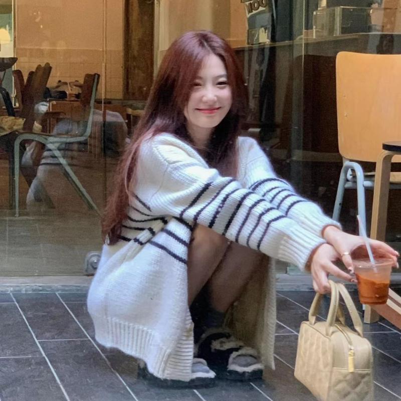 Модный длинный рукав V-образный вырез полосатый вязаный кардиган женский пальто осень и зима свободные женские кардиганы куртка топы элегантный мягкий теплый трикотаж 24826