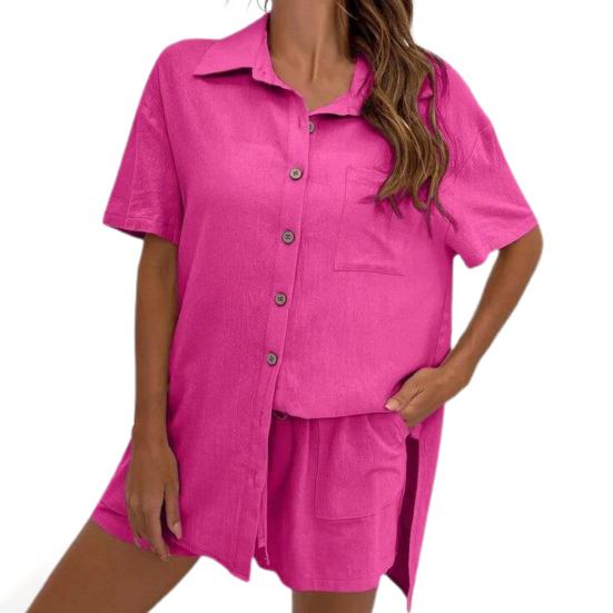 2 шт./компл. женская рубашка и шорты, комплект однотонной блузки с короткими рукавами и нагрудным карманом с лацканами