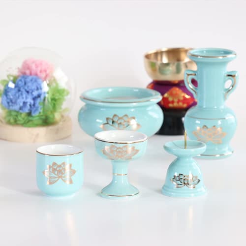 5-piece Celadon and Gold Lotus Ceramic Buddhist Altar Set + Bell Set with Incense Burner Ashes for Modern Mini Buddhist Altars