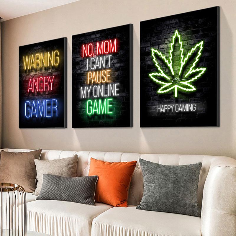 Modern Lights Gaming Zone Industrial Neon Wall Art Canvas Painting Posters Picture For Internet Cafe Bar Boy Room Home Decor