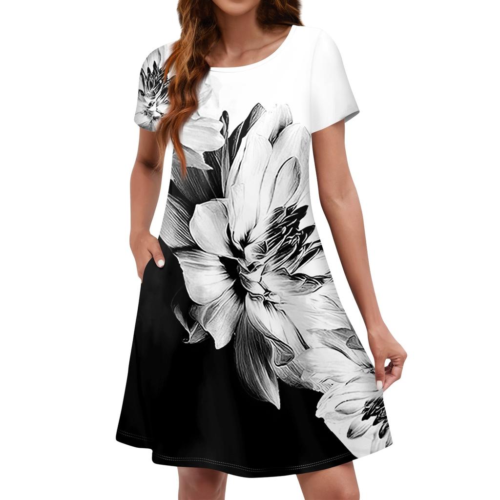Summer Dresses For Women Beach Floral Sundress Short Sleeve Pockets Casual Tshirt Dress