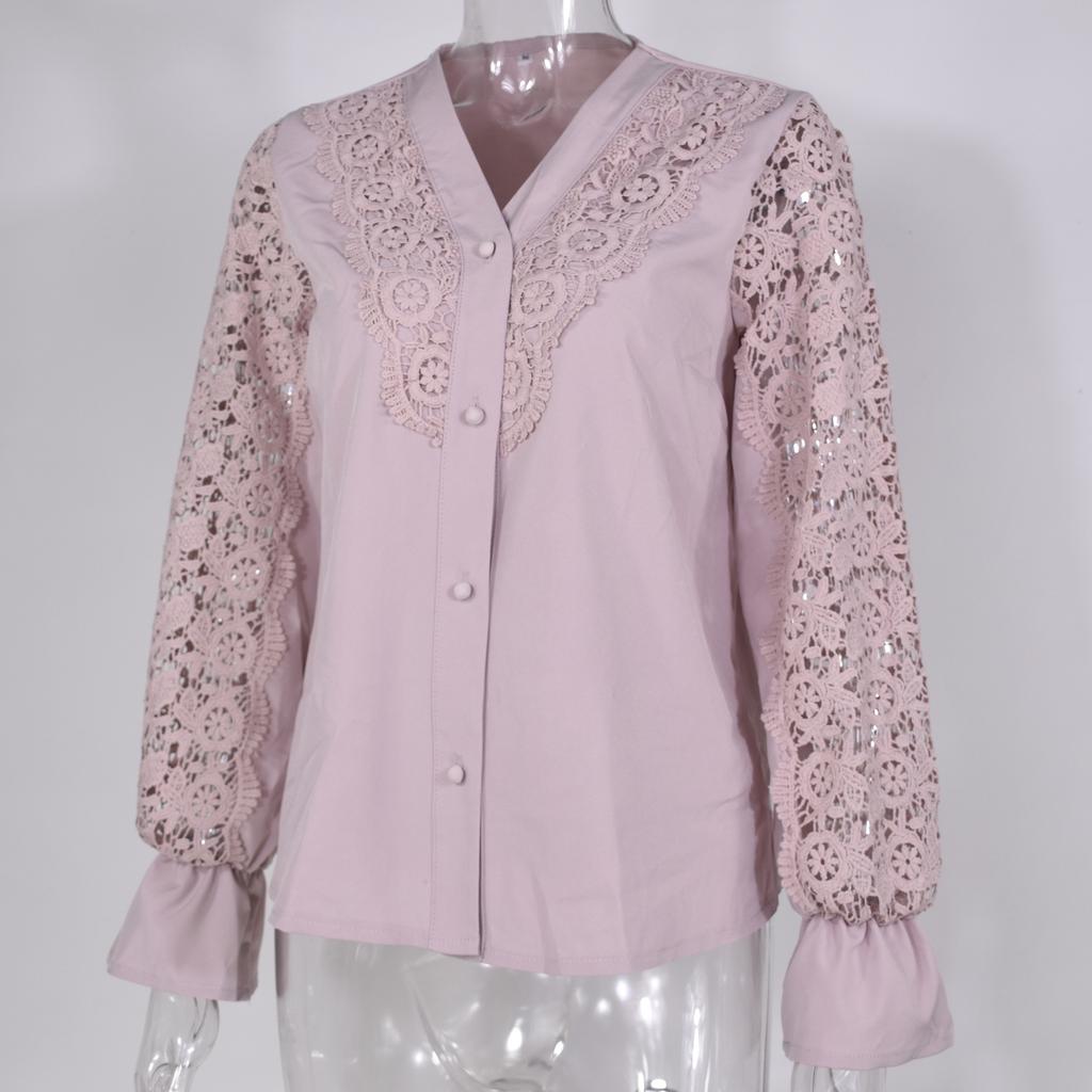 Spring and Autumn Fashion Lace Long Sleeve Hollow Women's Blouses & Shirts