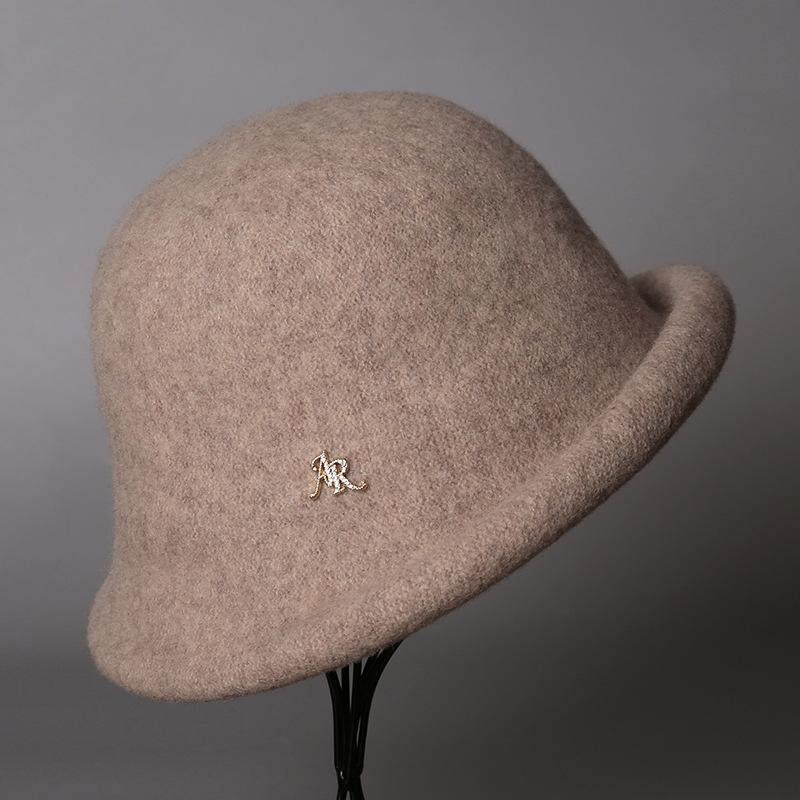 Autumn and winter wool bucket hat small brim curling letter decorative bucket hat Hepburn style fashionable women's hat