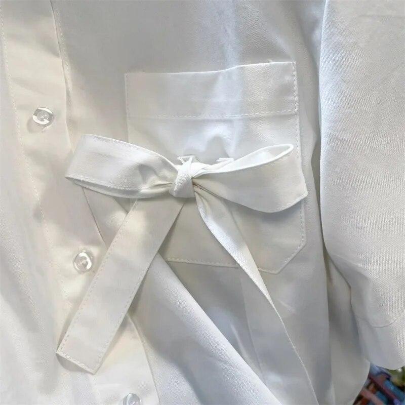 Японская винтажная белая рубашка с бантом, новая летняя женская блузка с короткими рукавами, свободный топ во французском стиле преппи