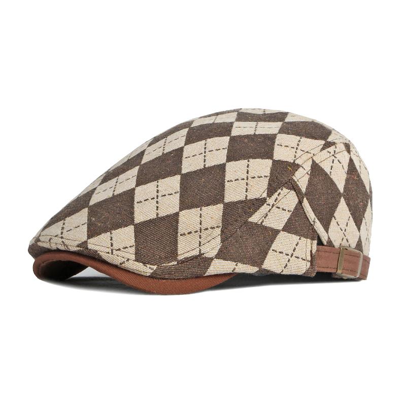 Spring And Autumn Beret Hats Vintage Checkered Brown Coffee Khaki Flat Cap Front Cap Painter'S Cap Cap Man