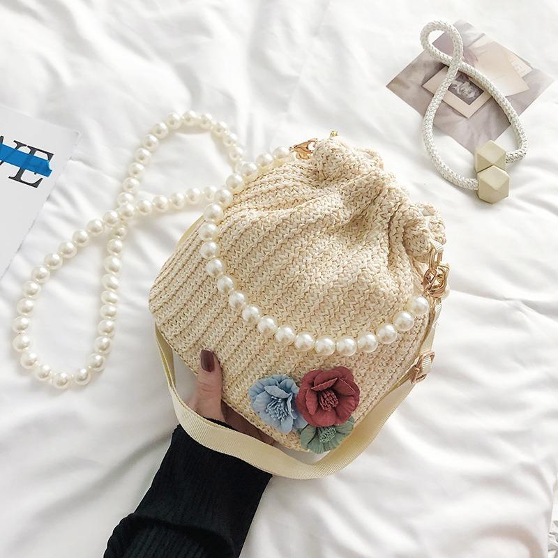 Маленькая плетеная сумка Fresh Flower с жемчужной цепочкой, сумка-тоут Holiday Wind Beach Crossbody Bucket Bag
