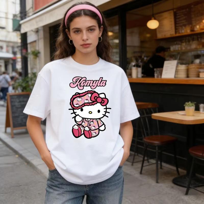 Cotton Cartoon Print HelloKitty Tshirt Summer Unisexs and Womens Shortsleeved Versatile Loose Couple Casual Clothes