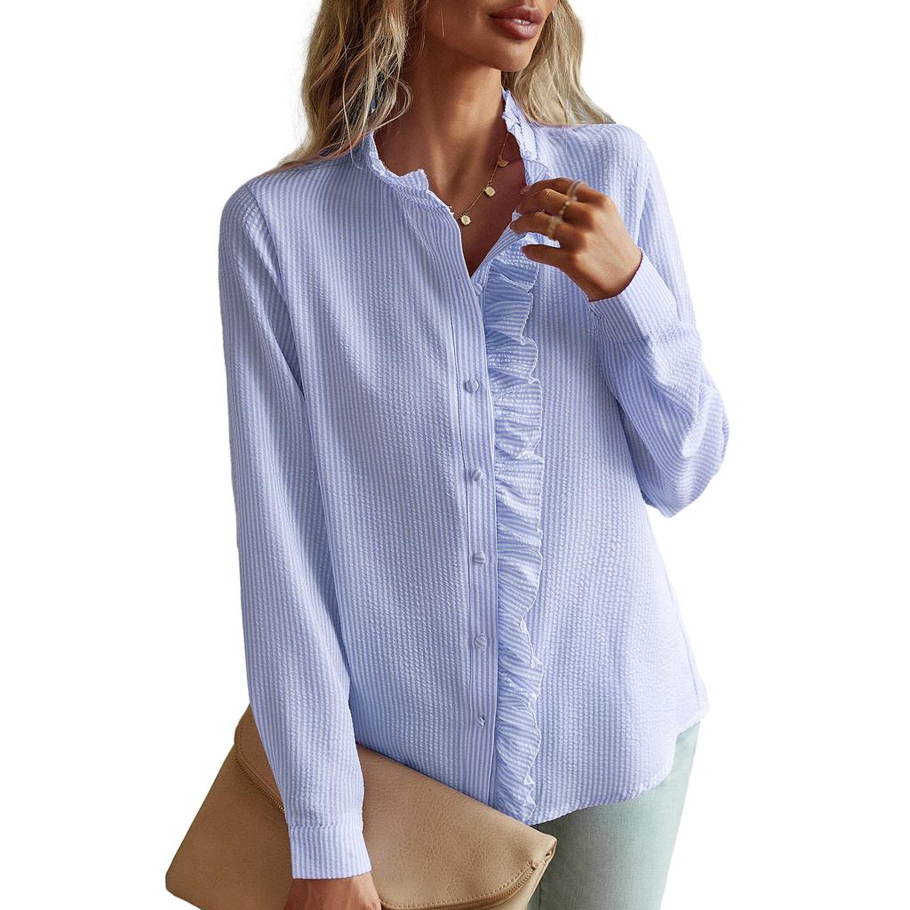 Женская кардиганная рубашка с рюшами и длинным рукавом, однотонная блузка, элегантный топ