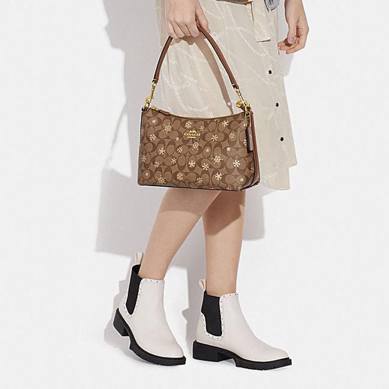 COACH shoulder bag Clara 26 classic old flower snowflake print zipper closure, artificial leather, hand-held crossbody bag, women's model, brown