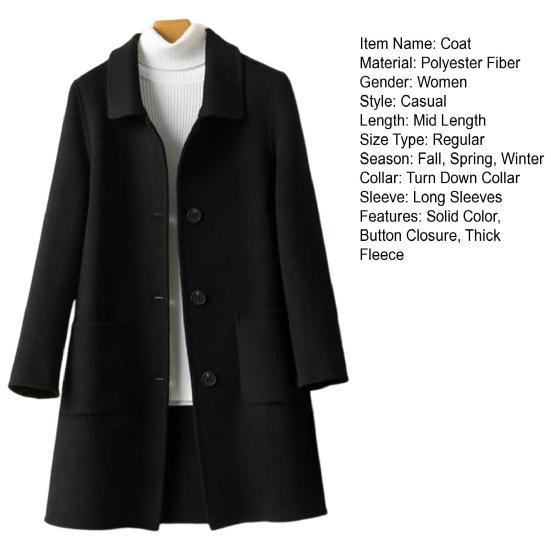 Women Jacket with Dual Pockets Lapel Solid Color Single-breasted Woolen Coat Loose Thermal Long