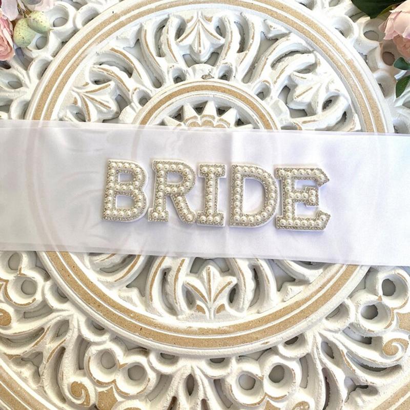 1pc Glitter Bead Bride Sash Bridal Satin Shoulder Strap Decor White Bachelorette Props Wedding Party Favors Supplies