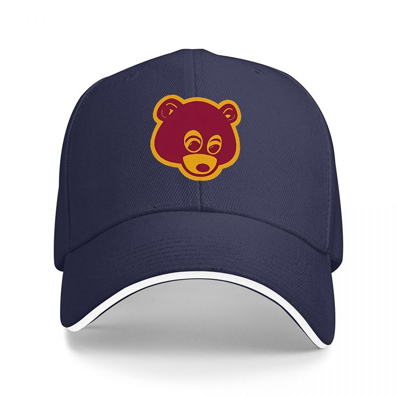 Bear Face Logo Black Baseball Cap with Yellow Outline and White Trim Adjustable Fit for Casual Wear and Outdoor Activities